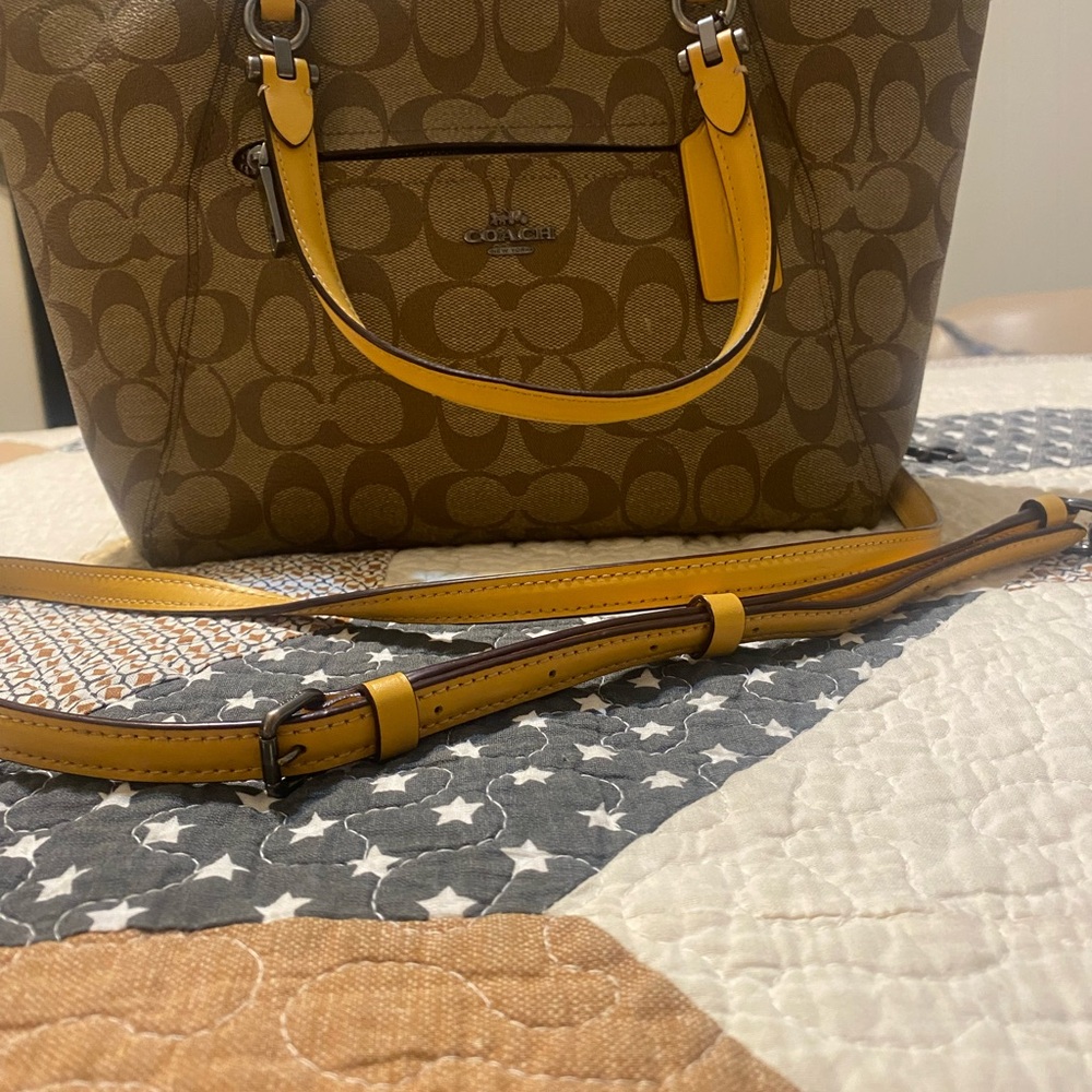 Coach Signature Brown and Yellow Prairie zip top satchel